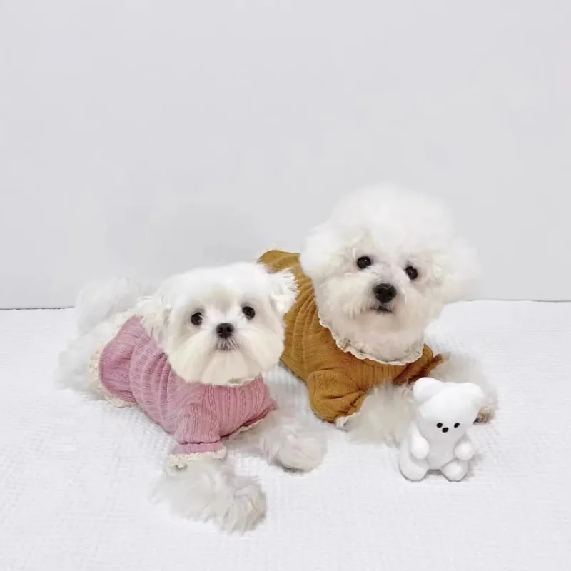 

Lace Collar Dress Dog Clothes Princess Elegant Skirt Small Dogs Clothing Cat Spring Autumn Pink Brown Outfits Girl Pet Items