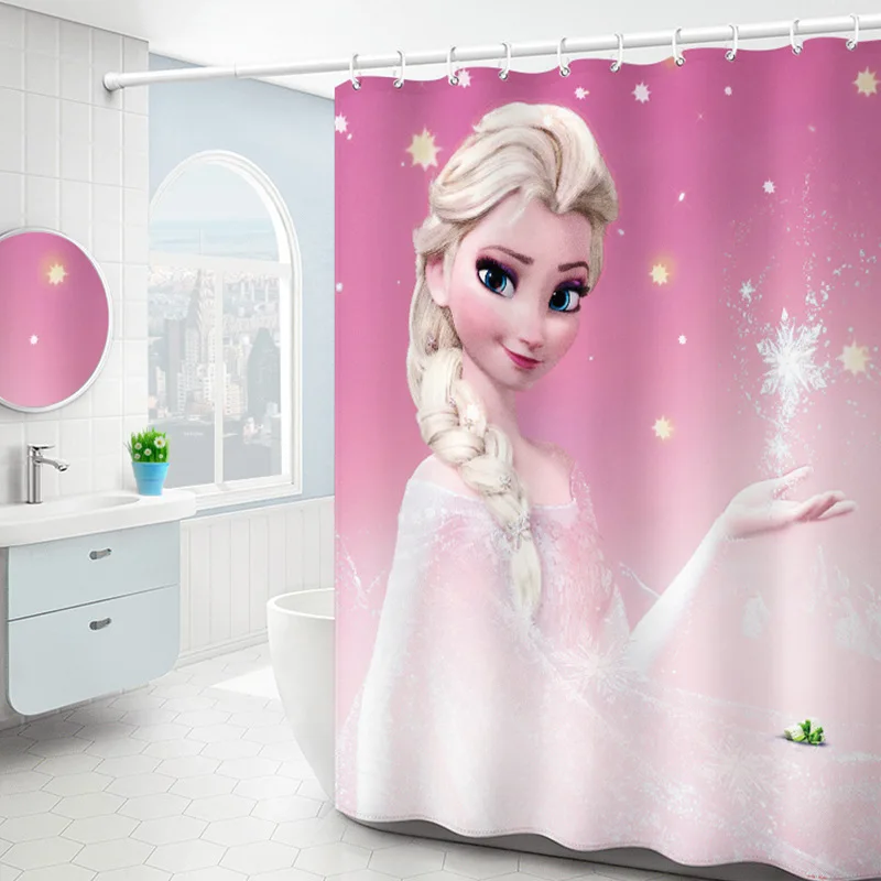 Disney-cortinas de ducha de princesa Elsa y Anna para niñas, tela 3D con ganchos, cortinas impermeables para baño, decoración del hogar