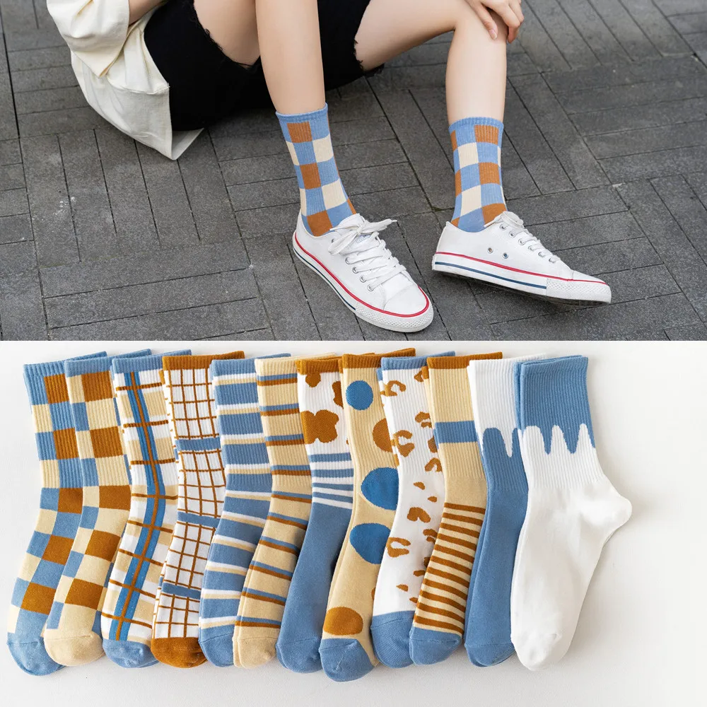 

Модные новые весенне-осенне-зимние Хлопковые женские носки, женские удобные дышащие клетчатые женские теплые короткие носки для женщин