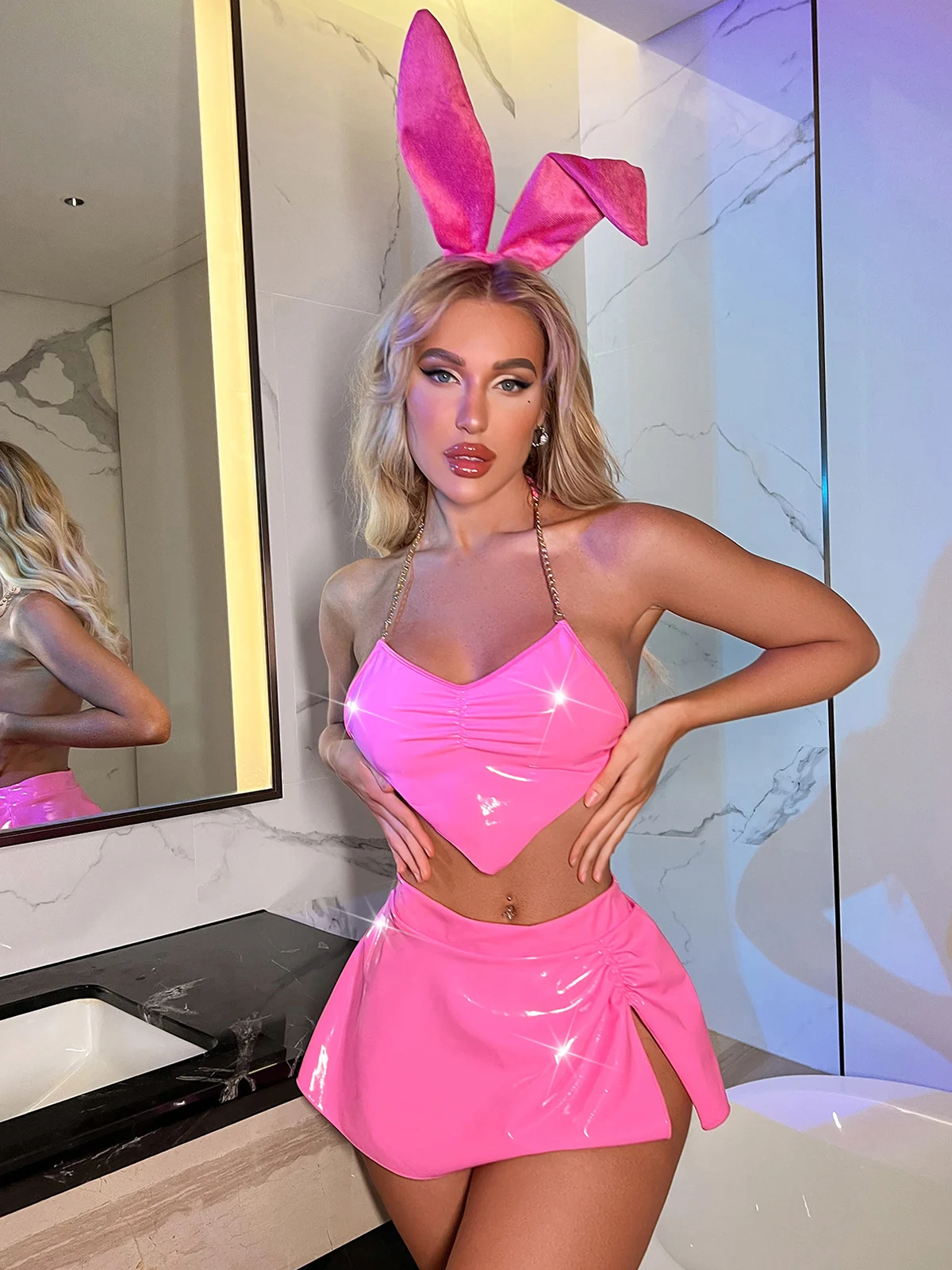 

Women Patent Leather Sexy Lingerie Sets Cute Bunny Girl Chain Halter Crop Tops and Slit Skirts Pole Dance Costume Night Clubwear