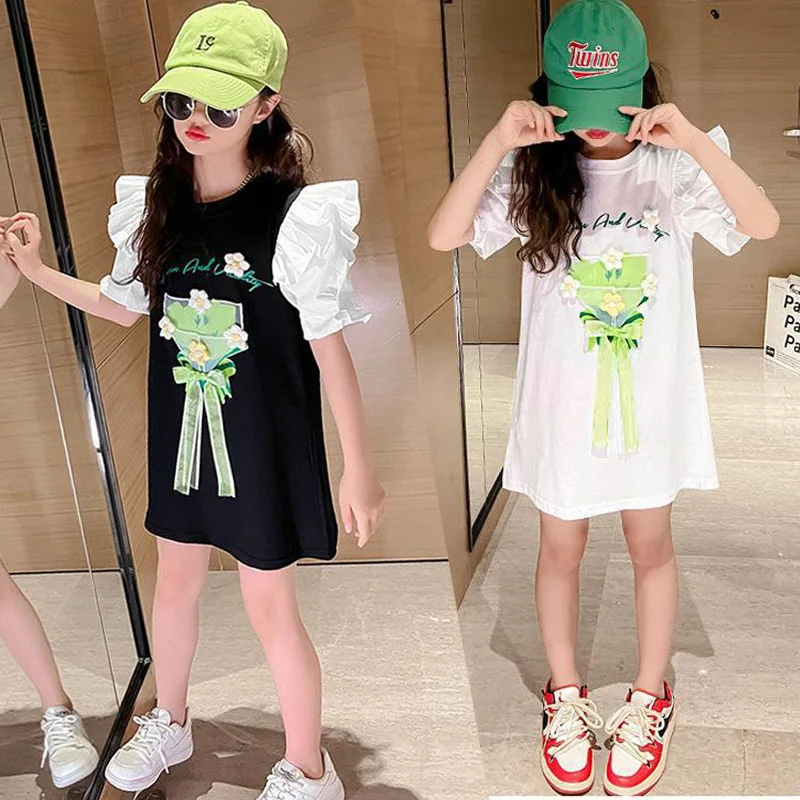 

Детское летнее платье с цветочным принтом, с коротким рукавом