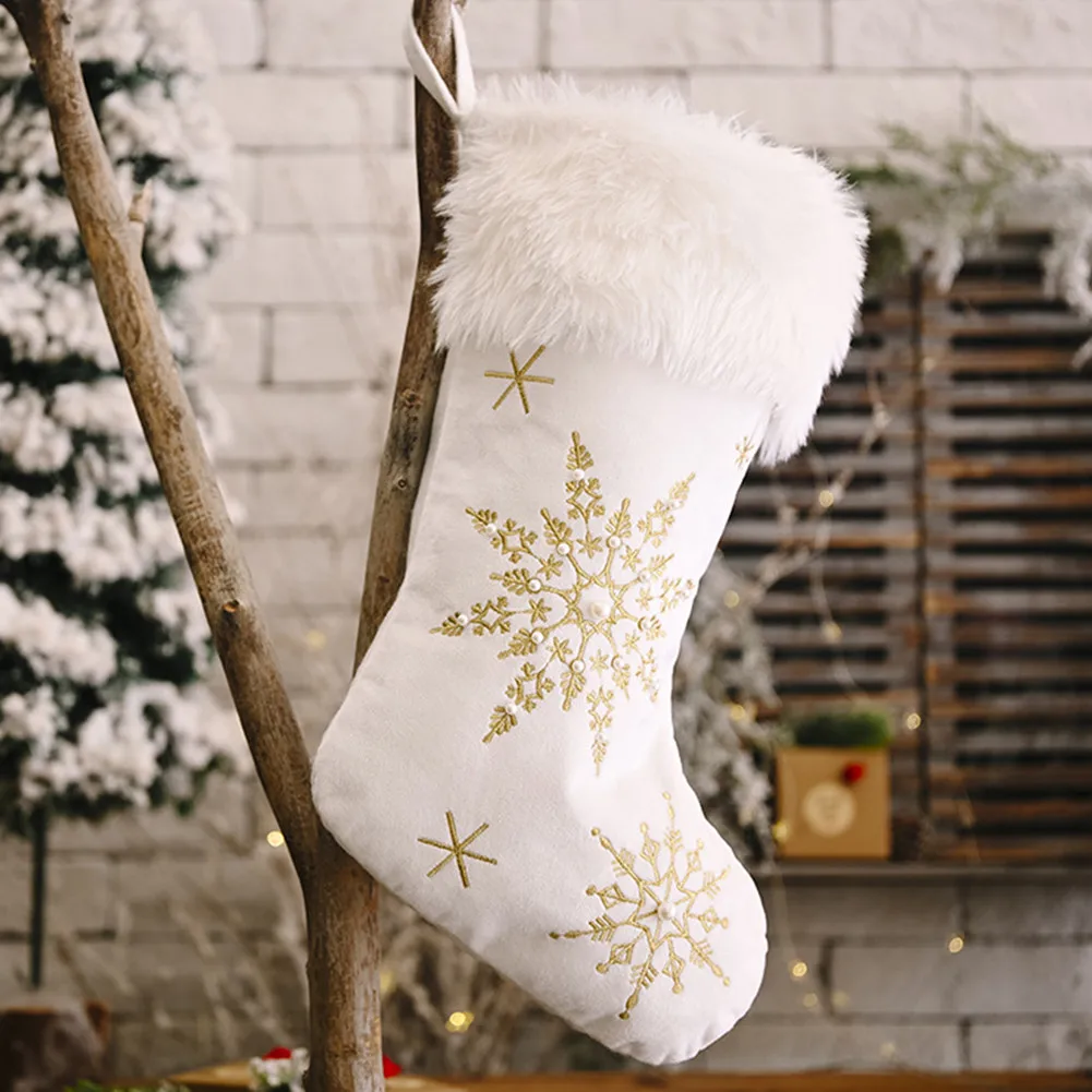Christmas Stockings White Gold Snowflake Xmas Ornament Pendant Christmas Fireplace Xmas Tree Tree Decor New Year Noel Gift Sock