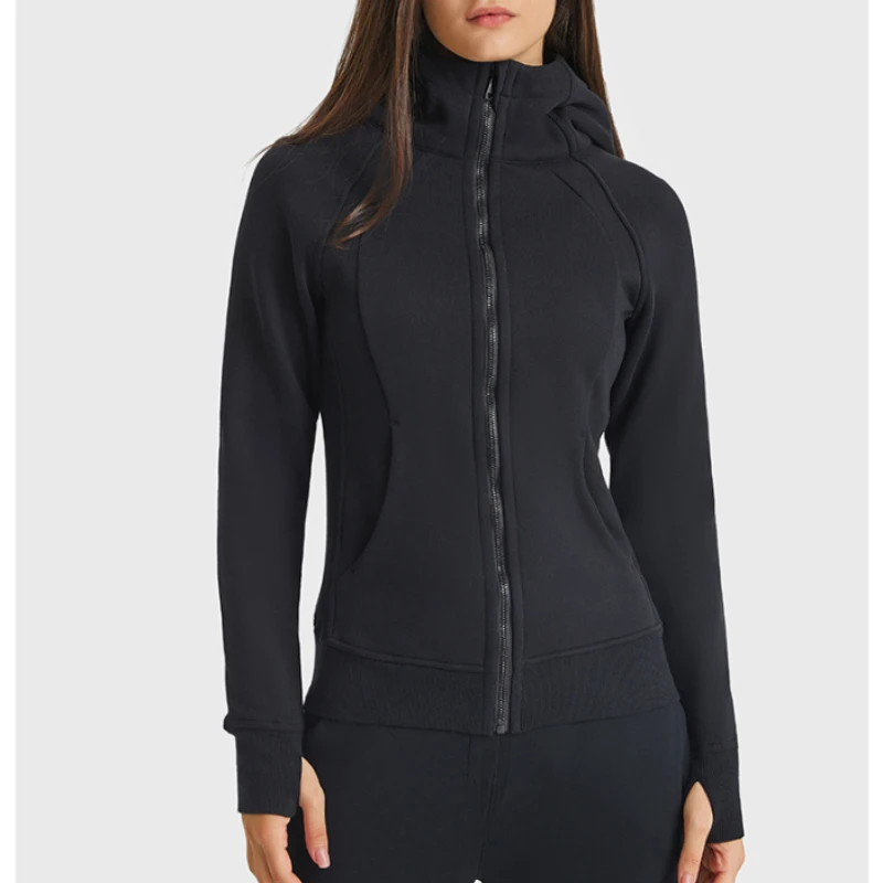 Hiking Thick Warm Hooded Running Jackets Women Autumn Winter Fitness Sports Lulucoat Casual Thumb Hole Zipper Outdoor Pockets