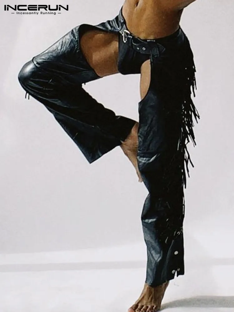 

Брюки INCERUN мужские из искусственной кожи, пикантные повседневные штаны с перфорацией, на пуговицах, с бахромой, уличная мода, 5XL, 2022