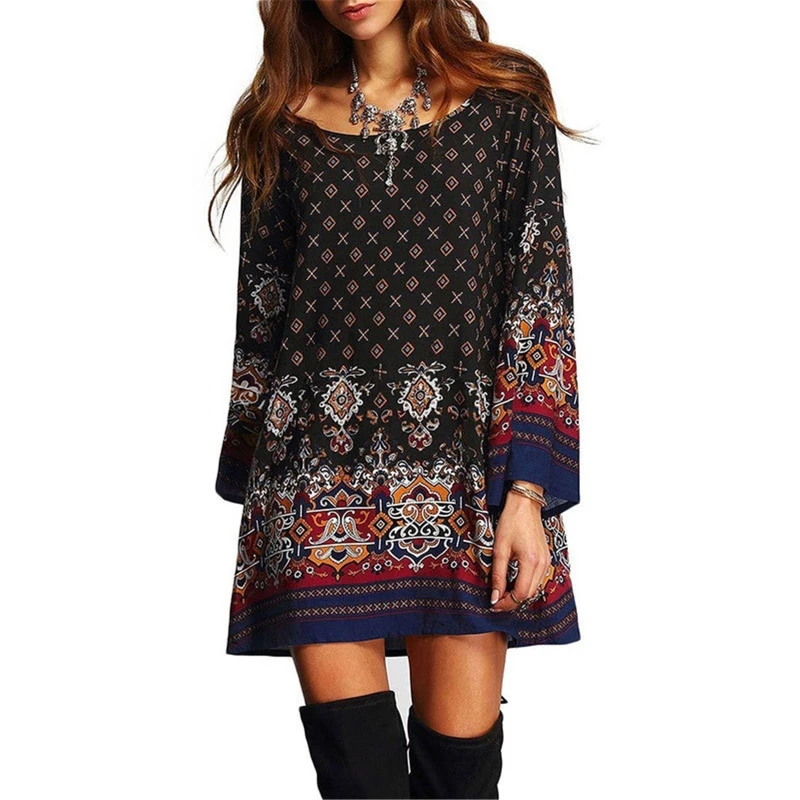 

896E Loose Sleeves Dress Plus Size Party Dress Baroque Ethnic Print Dress for Women