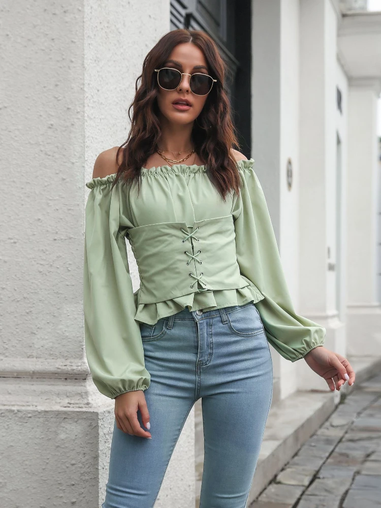 

New Popular Style Front Strap with Lantern Sleeves Straight Neck Waistband Short Fashion Top Long Sleeved Chiffon Women's Shirt