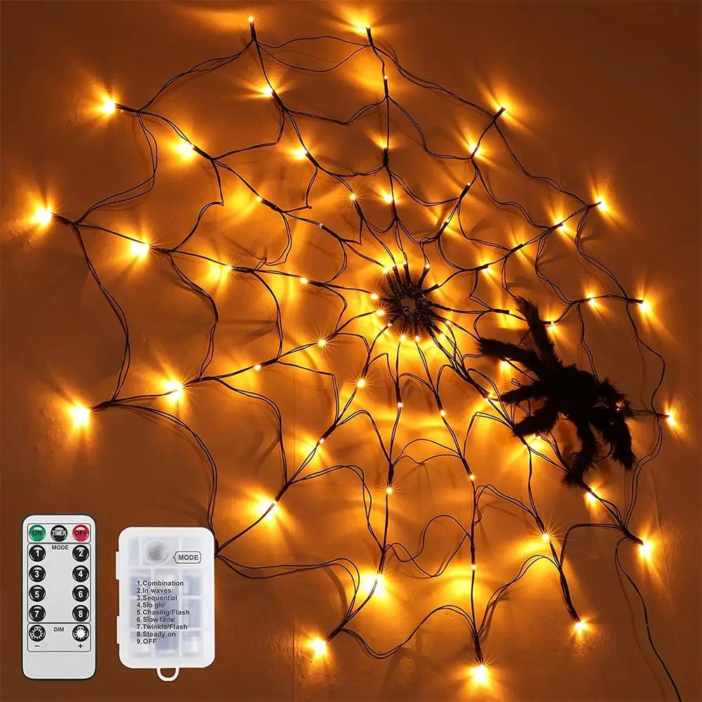 

100cm Diameter Halloween Plush Spider Web Lights USB Wall Net Lights For Scary Halloween Decoration For Party Yard Bar House