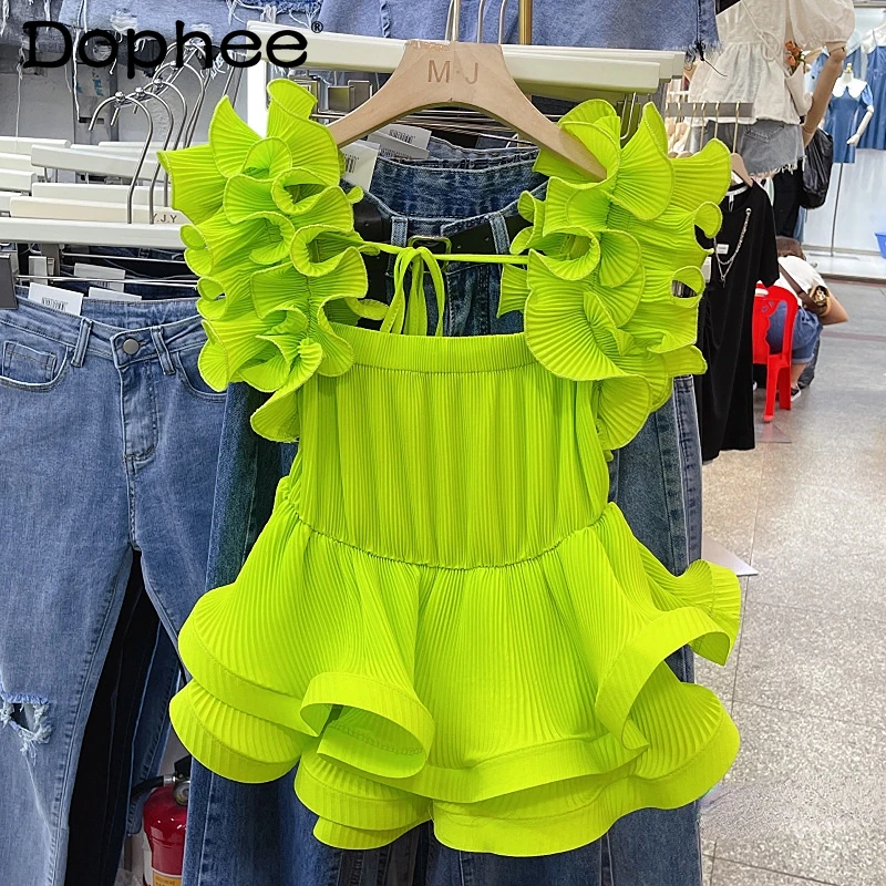 

2022 Summer New Temperament Wild Pleated Ruffled Blouses Femme Lace-up Off-Shoulder Strap Waist Chiffon Shirt Top Female Hoiday