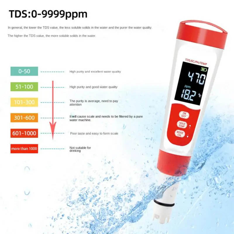 

Измеритель PH/TDS/EC/температуры 4 в 1, цифровой тестер качества воды для бассейнов, питьевой воды, аквариумов