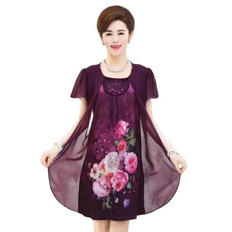 

Middle-aged And Elderly New Dresses Summer Women's Large-Size Fashion Mother Ice Silk Chiffon Short-sleeved Long Skirt Tide.5XL