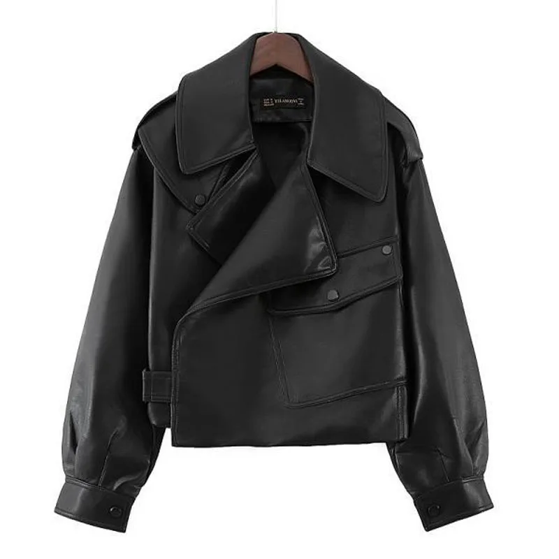 

1pcs Womens Short PU Leather Jackets Coat 2022 Autumn Fashion Faux Fur Buttons Splicing Irregular Ladies Skinny Locomotive Coats