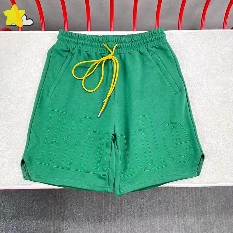 

Stroke Logo Embroidery Blue Green Apricot Black Rhude Breeches Men Women Hip Hop Drawstring Loose RHUDE Shorts Inside Tags