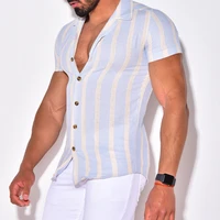 mens shirt top summer fashion slim striped cardigan shirt mens casual short sleeve single breasted turn down collar shirt