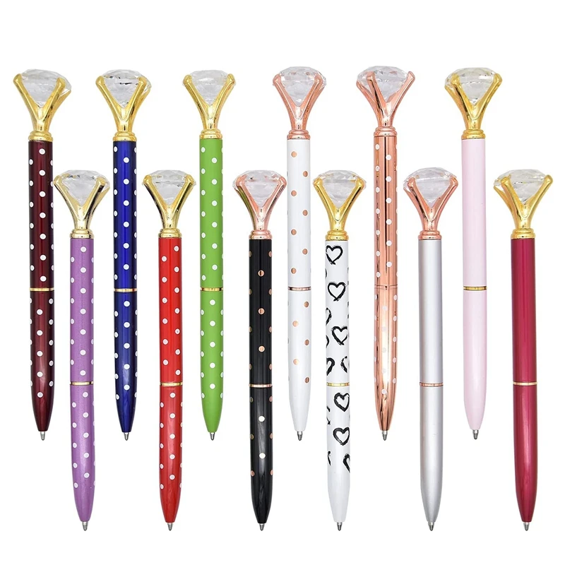 

12 Pieces Large Crystal Diamond Pens Bling Metal Ballpoint Pens Black Ink For School Office Christmas Gifts Pens (Dots)