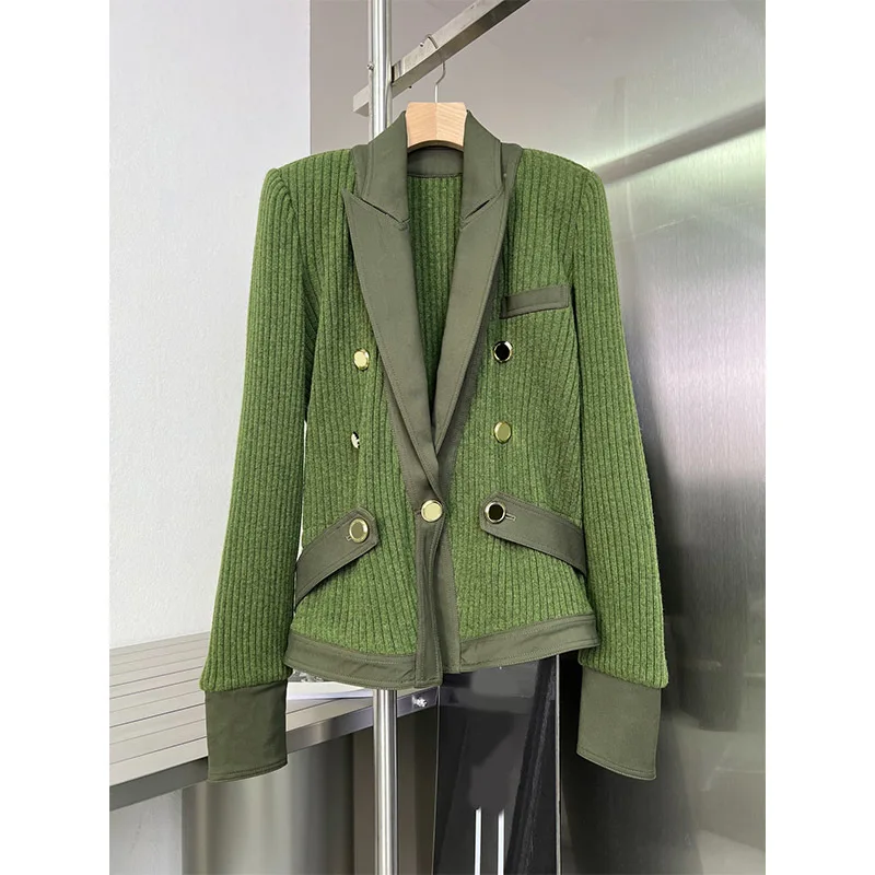 

Женский трикотажный костюм из чистой шерсти, модельный костюм с длинным рукавом и английским воротником, куртка с золотыми пуговицами, обле...