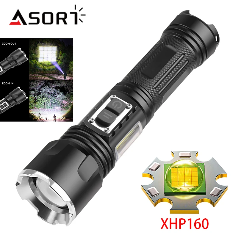

High Power LED Flashlight With COB Side Light USB Rechargeable Lantern XHP160 Zoom Torch Double Switch Camping Lamp Outdoor