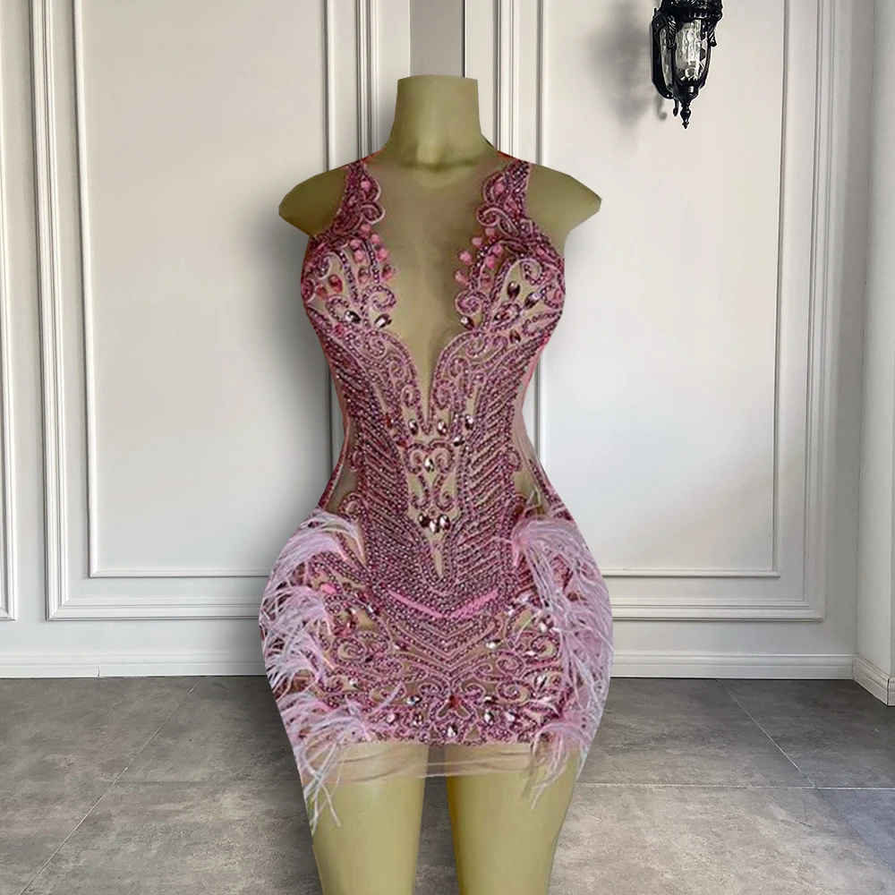 Vestidos de Cóctel transparentes de lujo para niñas, Mini vestidos cortos negros africanos de plumas de cristales rosas, para fiesta de cumpleaños, 2022