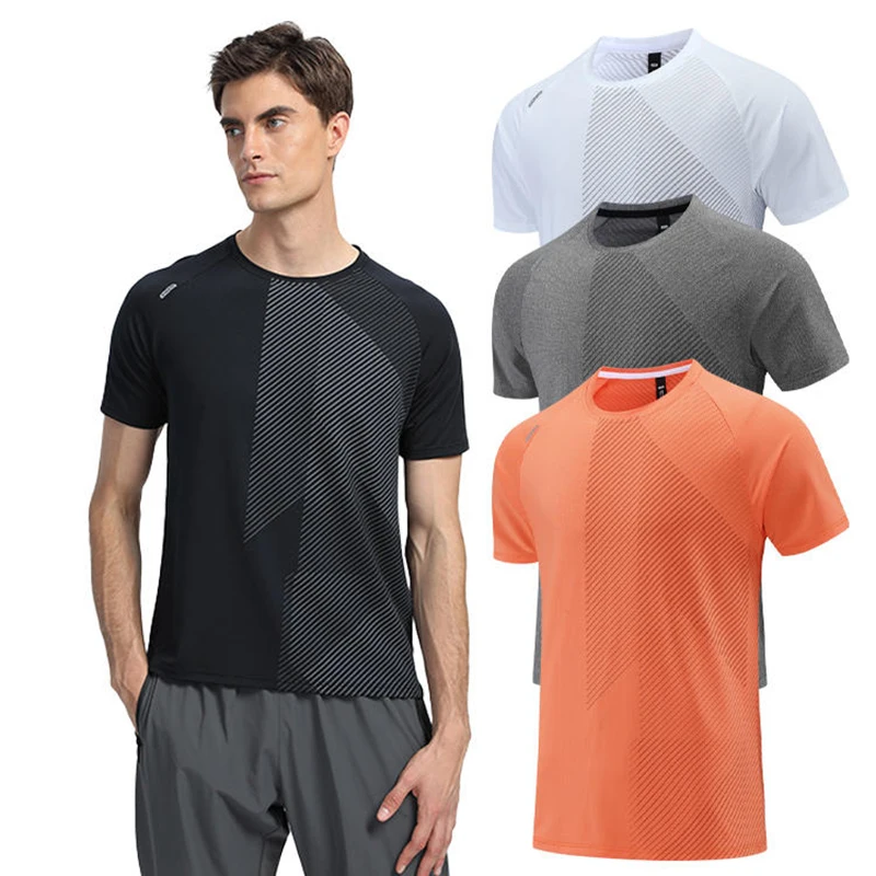 Gym Shirts Men Tranning Run Fitness Jerseys Workout Causal Print Quick Drying Tshirt Compression Polyester Short Sleeve