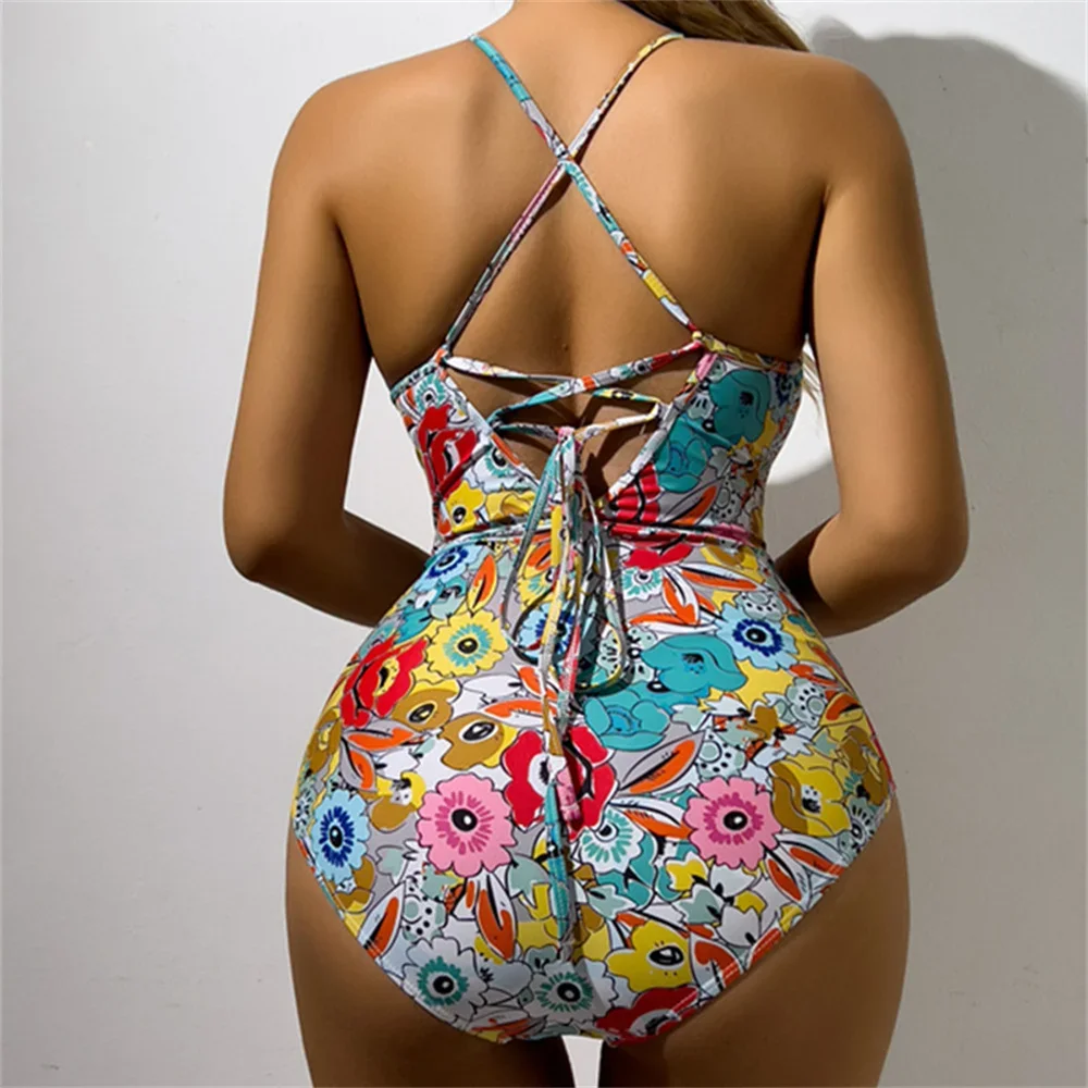 Kawaii цветочный бикини на шнурке с открытой спиной купальник пуш-ап отпуск