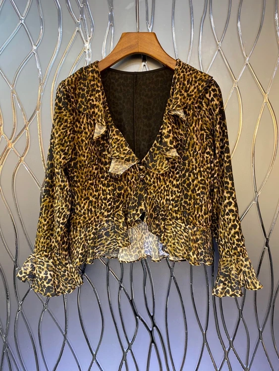 

2022 new women fashion long-sleeved sexy V-neck leopard print top with fungus edge stitching flared cuffs 414