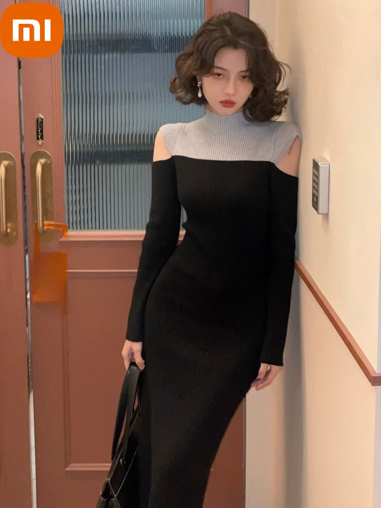 

Винтажное платье Xiaomi France, женские зимние элегантные вечерние платья миди для вечеринки, женское облегающее трикотажное шикарное цельнокро...