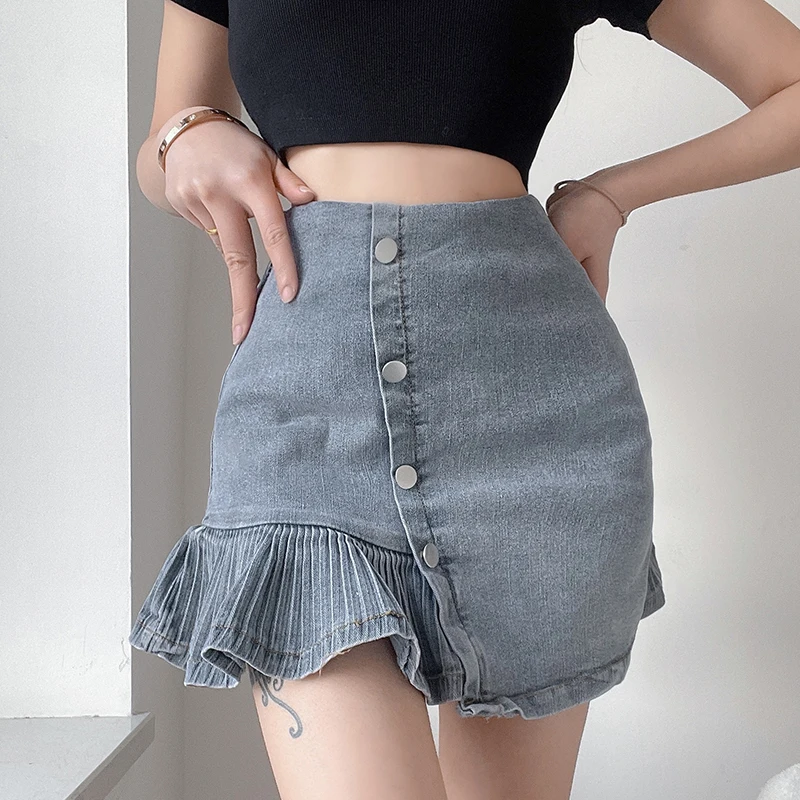

Women Hippie Ruffles Cute Skirts Button Denim Skirts High Waisted Y2k Pleated Jeans Korean Fashion Skirts Streetwear Summer