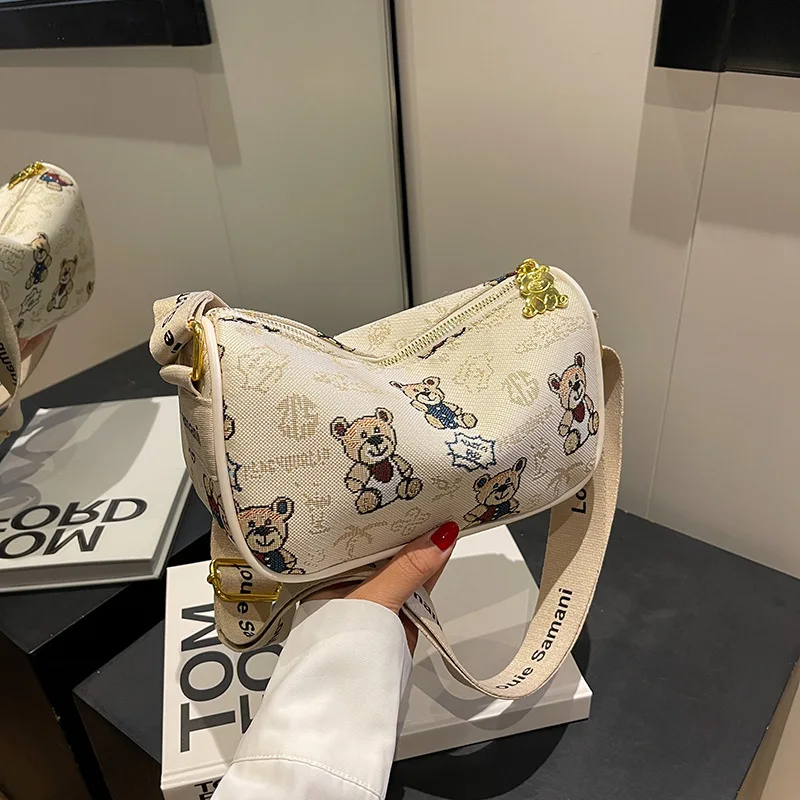 Senior Design Sense Diagonal Span Bag Female PU Cartoon Bear Print Single Shoulder Bag Women's Handbag