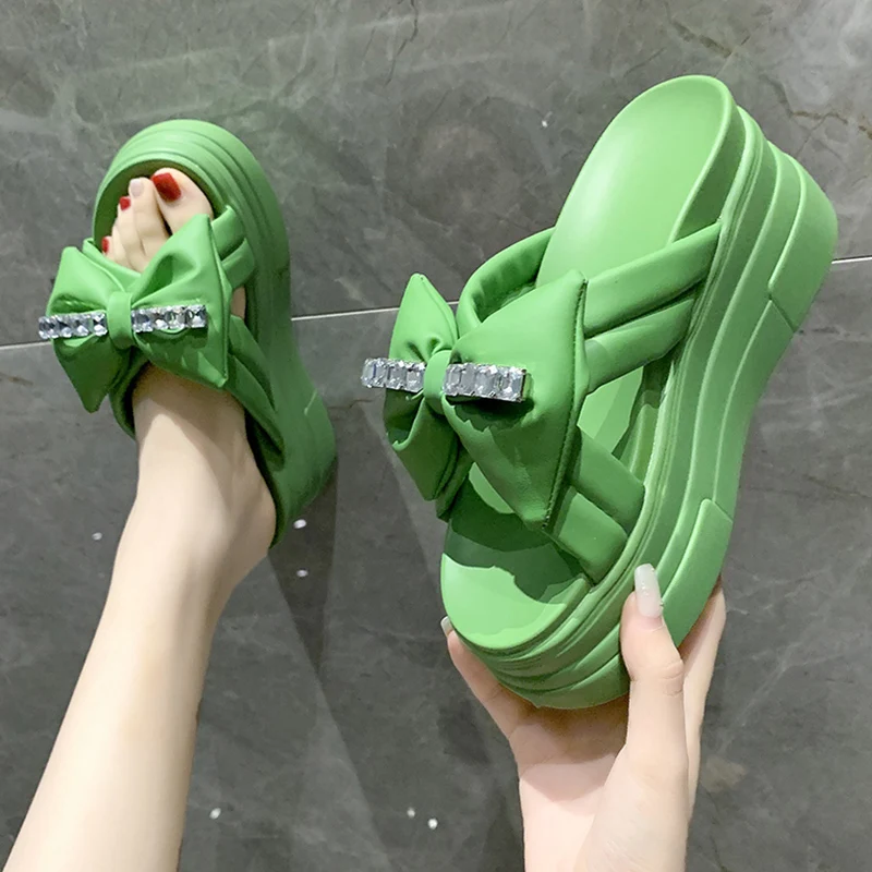 

Butterfly-Knot On A Wedge Shoes Woman 2023 Slippers Casual Heeled Mules Pantofle Platform Shale Female Beach Luxury High New