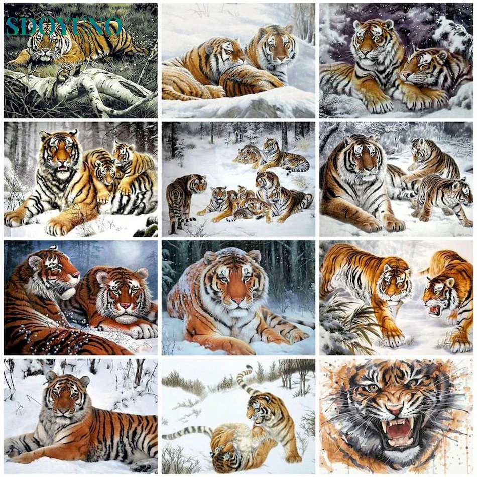 

SDOYUNO Unframe Oil Painting By Numbers Paint Unpack Tiger DIY Handpainted Animal Acrylic Paint Coloring By Numbers Home Decor