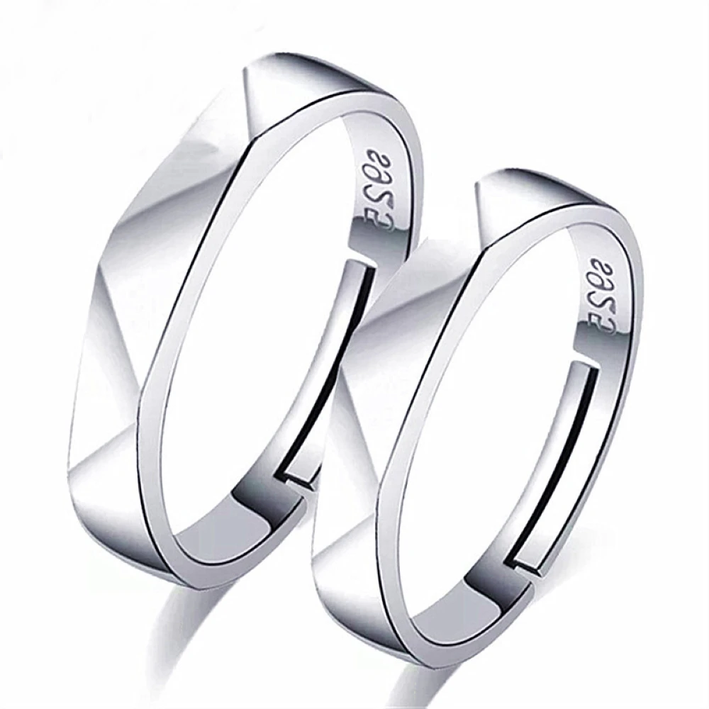

1 Pair Rhombic Water Cube Opening Copper Plated Silver Couple Ring Men Women Adjustable Engagement Finger Jewelry Free Shipping