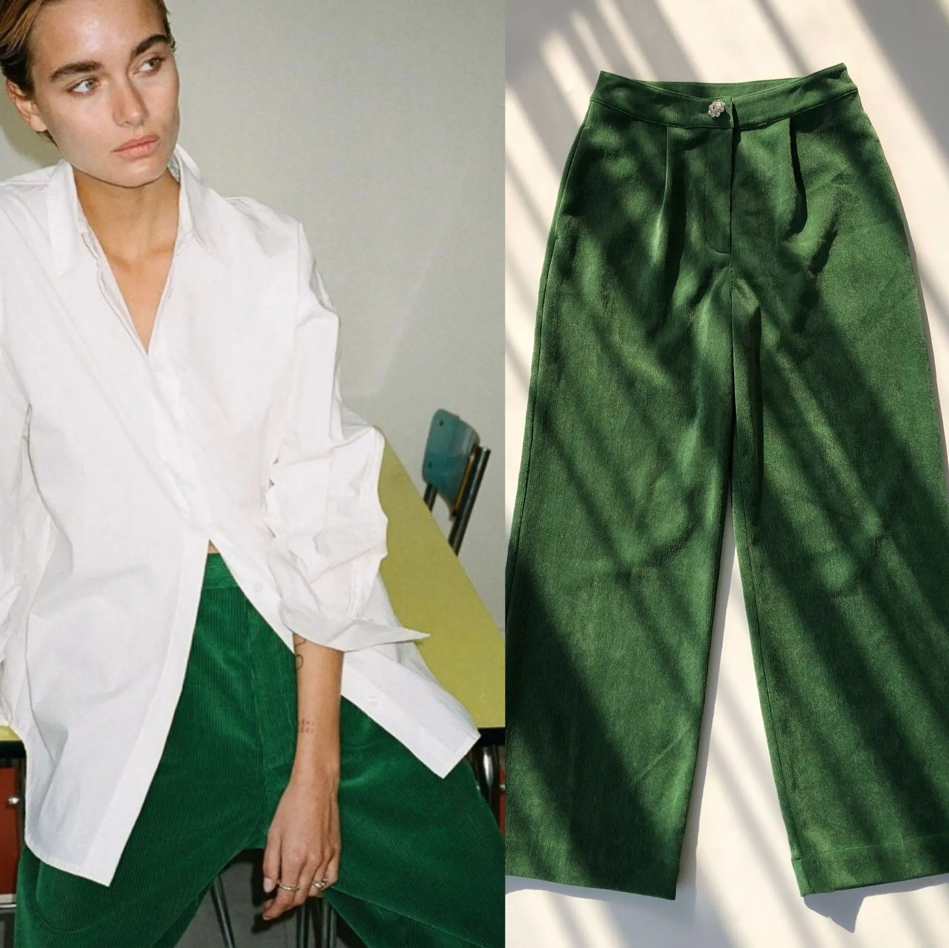 French Vintage Corduroy Straight-leg Pants High Waist Rhinestone Button Thick Green Treasure Pants Women's Slacks Fashionable