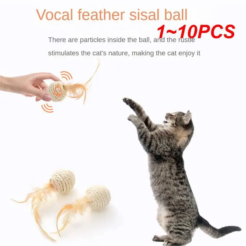 

1~10PCS Feather Sisal Ball Round Interactive Pet Supplies Cat Toy Cat Bell Ball Faux Feather Funny Rattan Ball