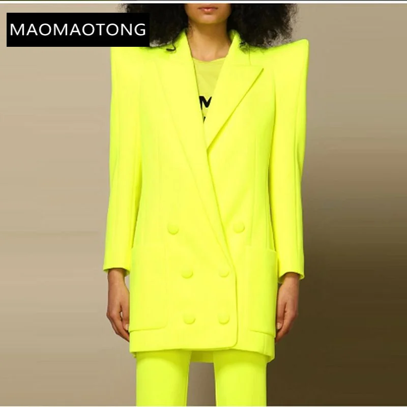 Blazer Pantsuits Sets Fluorescent Bright Yellow Shrug Jacket New Design Double Breasted Button Office Trousers Two Piece Suit images - 2