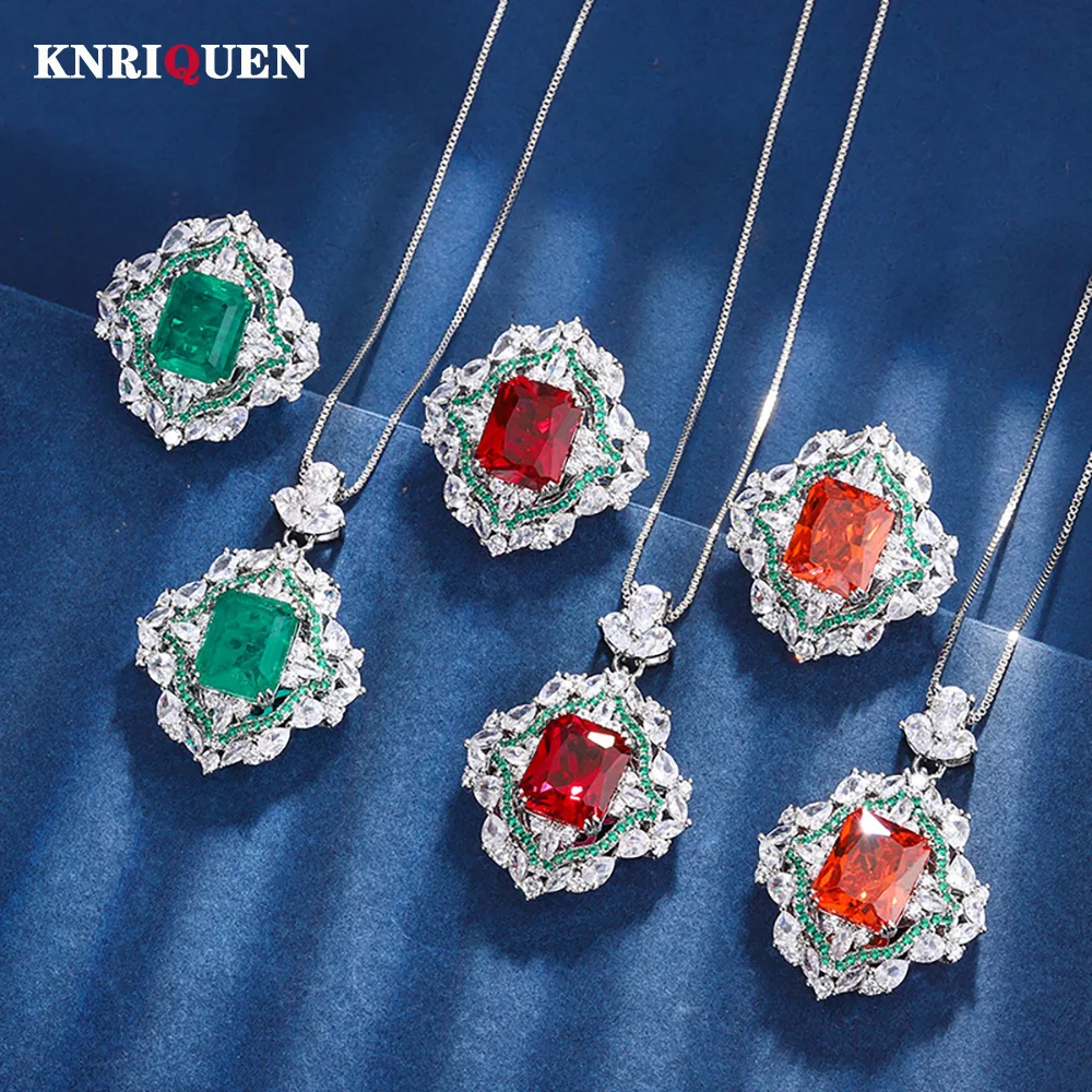 

Charms 10*12mm Emerald Ruby Gemstone Pendant Necklace Ring Jewelry Sets for Women Lab Diamond Wedding Party Jewel Gift Wholesale