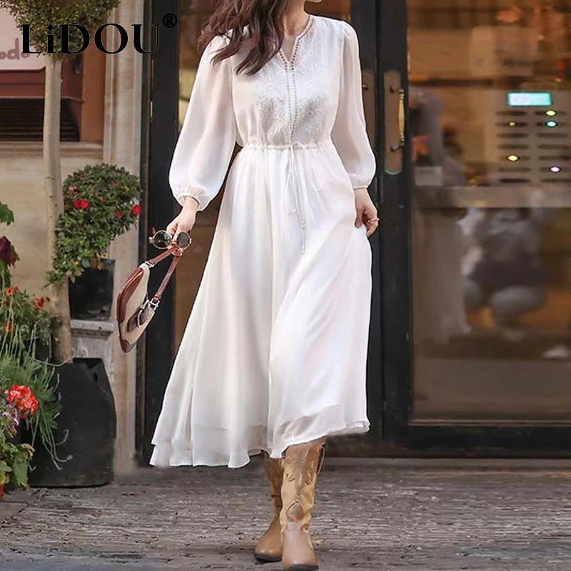 

2023 Spring Summer New Solid Color V-neck Long Sleeve Drawstring Fairy Maxi Dress Women Fashion Embroidered Vacation Style Robe