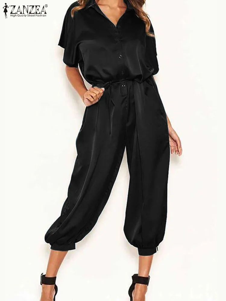 

ZANZEA Fashion Women Jumpsuit 2023 Summer Satin Rompers Vintage Belted overalls Female OL Lapel Short Sleeve Playsuits Oversized