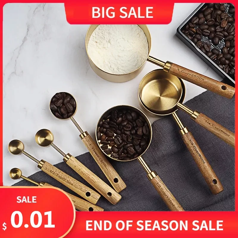 

4/8PCS Stainless Steel Measuring Cup Spoon Set Wooden Handle Baking Tools Bartending Scale Kitchen Tool Accessories Gadget set