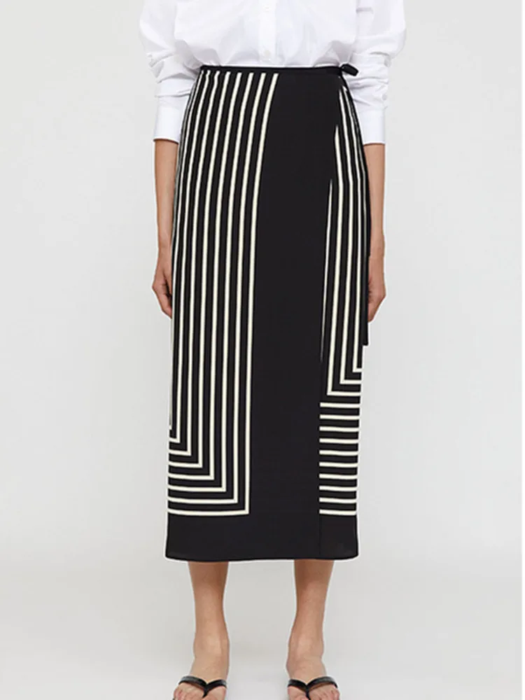 

2022 Summer Women's Geometric Print Midi Skirt Vintage Female High Waist Lace-Up Stain Wrapped Long Jupes