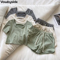 summer womens shorts set casual solid color round neck short sleeved t shirt elastic waist shorts two piece suits