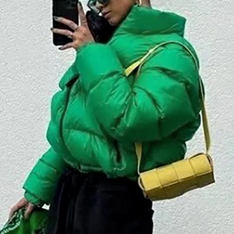 

Fall/Winter Fashion Loose High Street Green Cotton Jacket Warm All-match Short Cotton Jacket Women's Stand Collar Short Jacket
