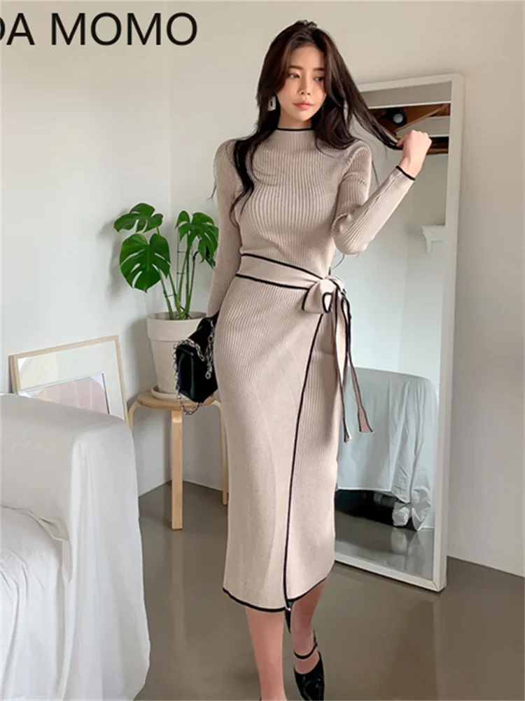

Женское трикотажное платье, элегантное теплое платье с открытыми плечами и длинным рукавом, с поясом и бантом на бедрах, Осень-зима