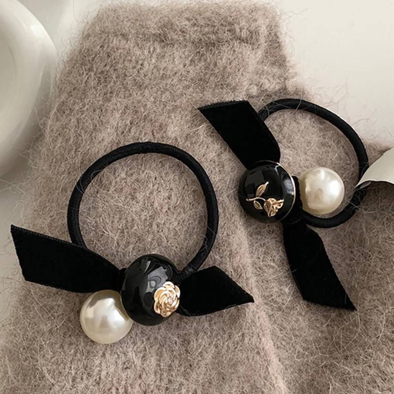 

Women Fashion Chiffon Hair Ties Temperament Elegant French Pearl Large Intestine Tie Head Rope Rubber Band Accessories