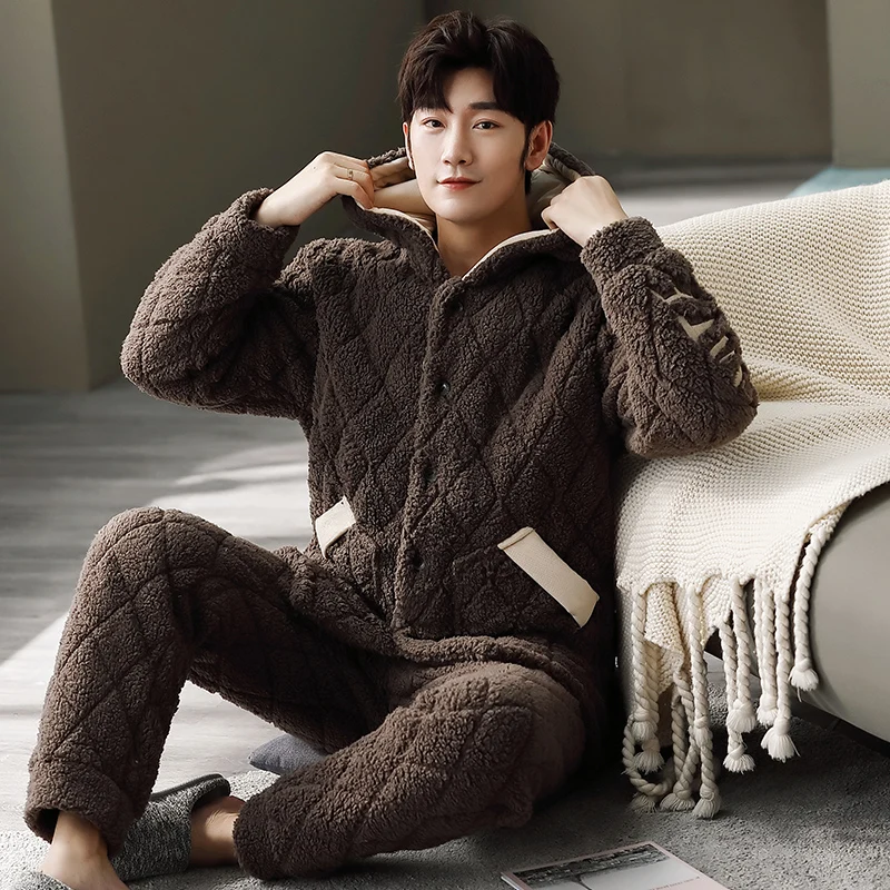 

Winter Thick Warm Men Coral Cashmere Hoodies Long Sleeve Mens Flannel Pajamas Set Loose Soft Plus Size 3XL Male Lounge Homewear