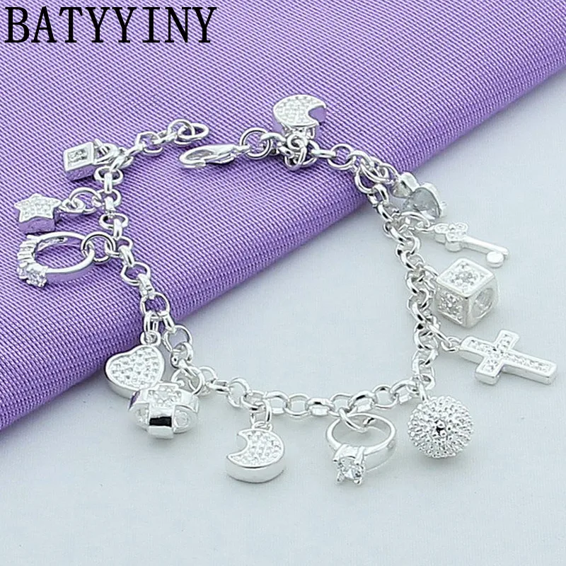 

BATYYINY 925 Sterling Silver Jewelry Star Moon CZ Charm Bracelet Fashion Jewelry Cross Chain Bracelet 20cm For Women Gift