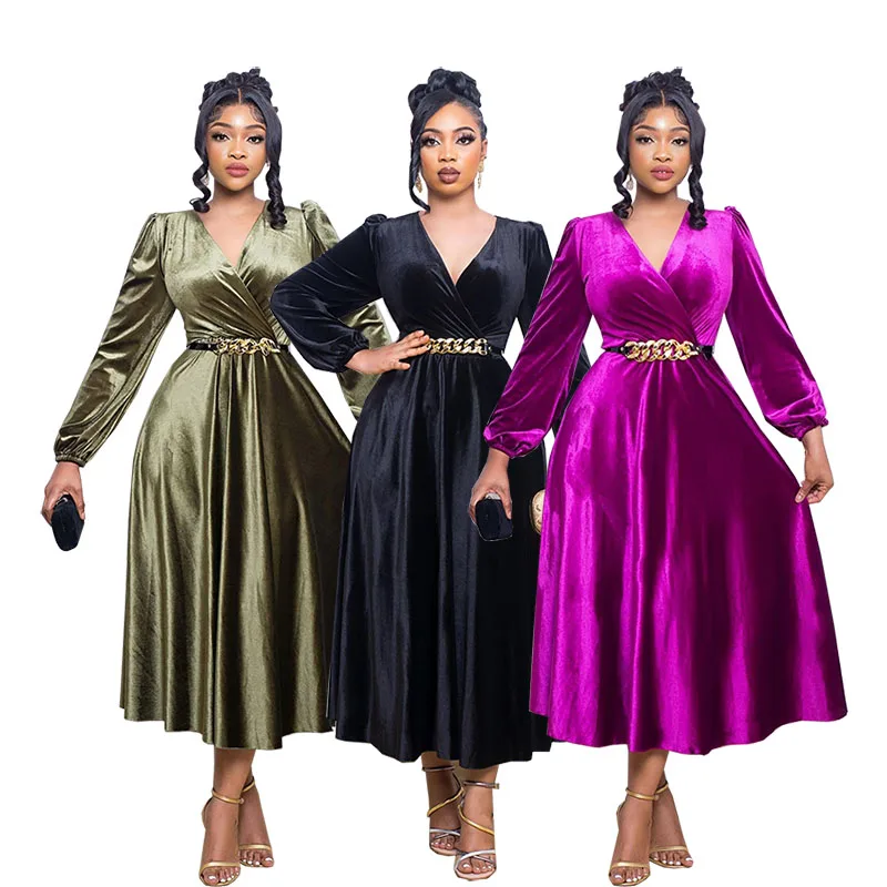 

2023 Velvet Elegant Formal Party Dresses For Women Fashion Female V Neck Long Sleeve Vintage Solid Mid Dress Come With Belt