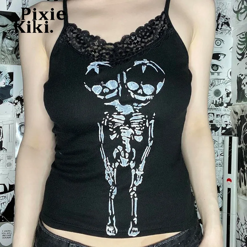 

PixieKiki Cyber Y2k майка с рисунком черепа, кружевная отделка, V-образный вырез, ребристая майка, белый, черный, фея, гранж, Готическая женская одежда