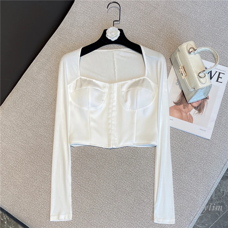 

2022 Spring and Summer New Sexy Tshirt for Women All-Matching Square Collar Slimming Long Sleeve Stitching T-shirt Top