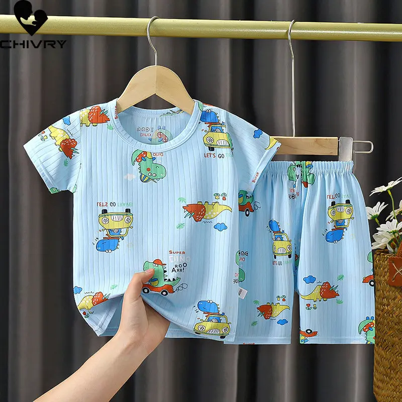 

Kids Summer Thin Soft Pajamas New 2023 Boys Girls Cartoon Short Sleeve T-shirt Tops with Shorts Baby Casual Sleepwear Loungewear