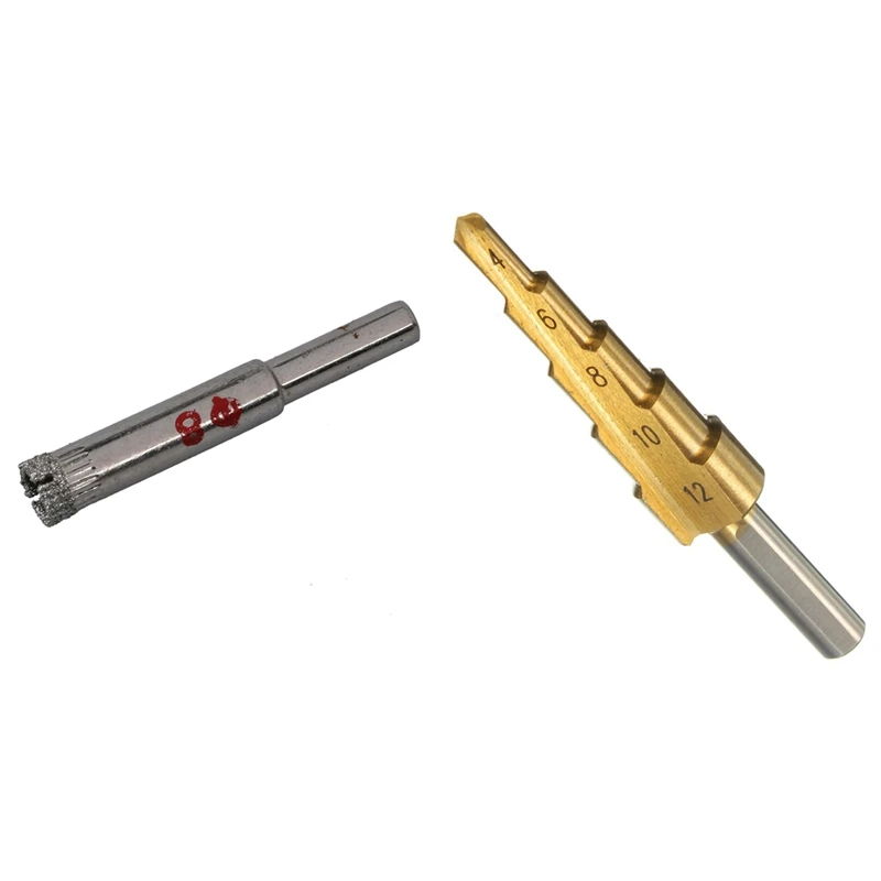 

2X 8Mm Dia Diamond Tipped Drill Bit Tile Glass Hole Saws & 1X HSS Drill Step Drill Tapered Titanium 4-12Mm