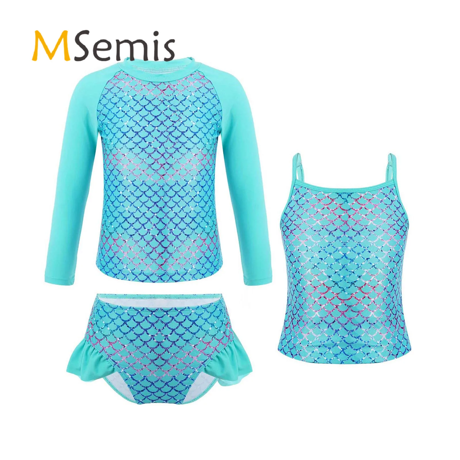 

3Pcs Kids Girls Swimsuit Cartoon Horse Fish Scales Print Swimwear Long Sleeve Tops Vest and Underwear Set Swimming Bathing Suit